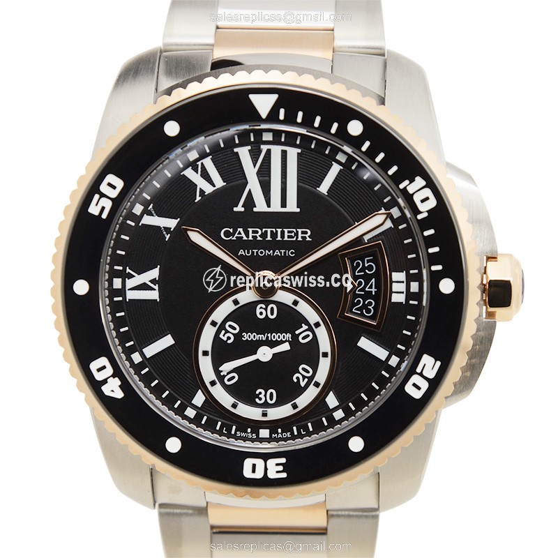 Cartier W7100054 Replica - Automatic - Rose Gold & Steel Case - Black Dial - Silver Strap