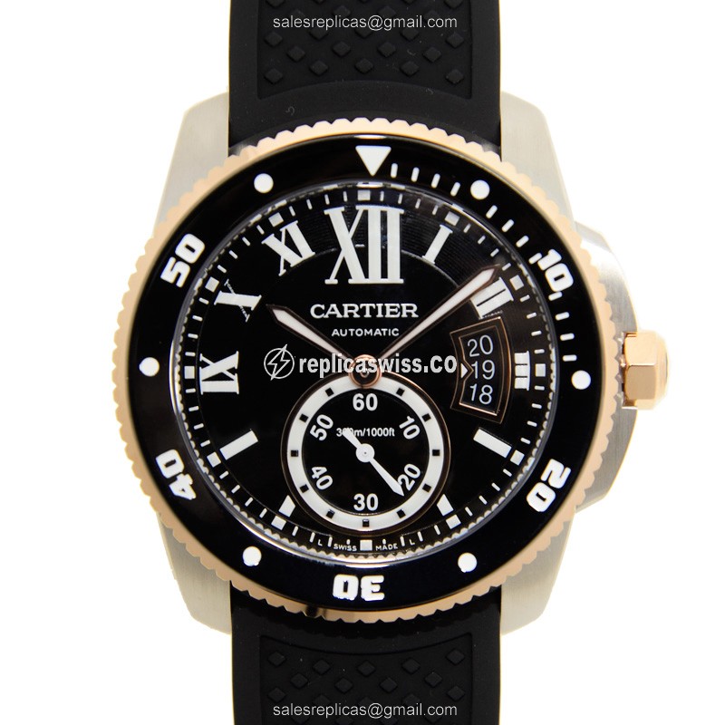 Cartier W7100055 Replica - Automatic - 18kt Rose Gold Case - Black Dial - Rubber Strap