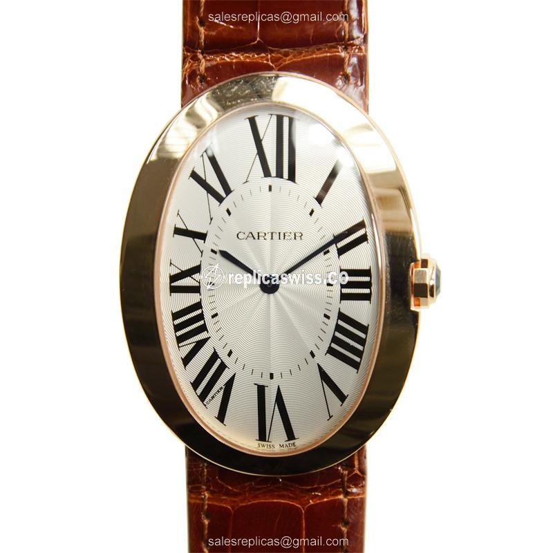Cartier W8000002 BAIGNOIRE - Manual - 18kt Rose Gold - Silver Dial - Brown Alligator Strap