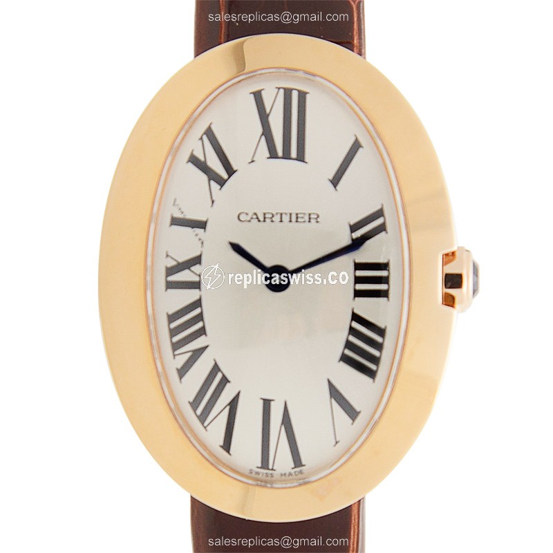 Cartier W8000007 BAIGNOIRE - Quartz - 18kt Rose Gold - Silver Dial - Brown Alligator Strap - Luxury Replica BAIGNOIRE Watch