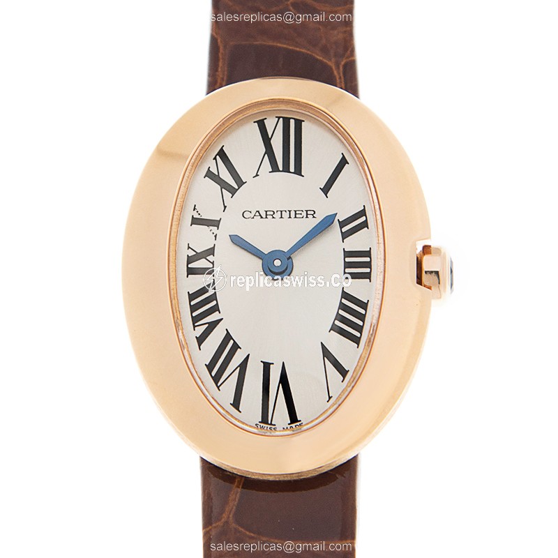 Cartier W8000017 Replica - Quartz - 18kt Rose Gold - Silver Dial - Brown Alligator Strap - Luxury Replica BAIGNOIRE Watch