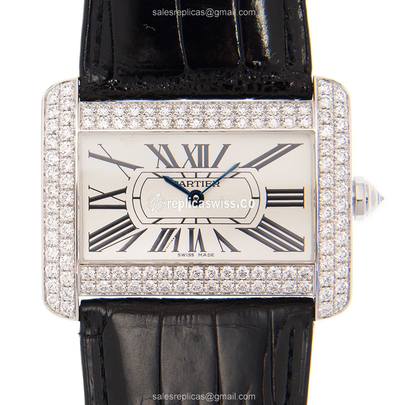 Cartier TANK Replica - Automatic - 18kt White Gold - Diamond - White Dial - Black Alligator Strap - Luxury Replica TANK Watch
