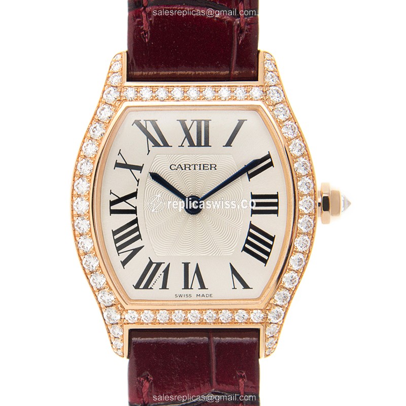 Cartier Tortue Manual Wind 18kt Rose Gold - Diamond Dial - Silver - Alligator Purple - Luxury Replica TORTUE Watch