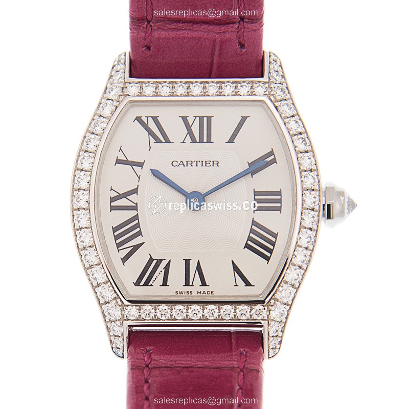 Cartier Tortue Replica - Manual - 18kt White Gold - Silver Dial - Red Alligator Strap