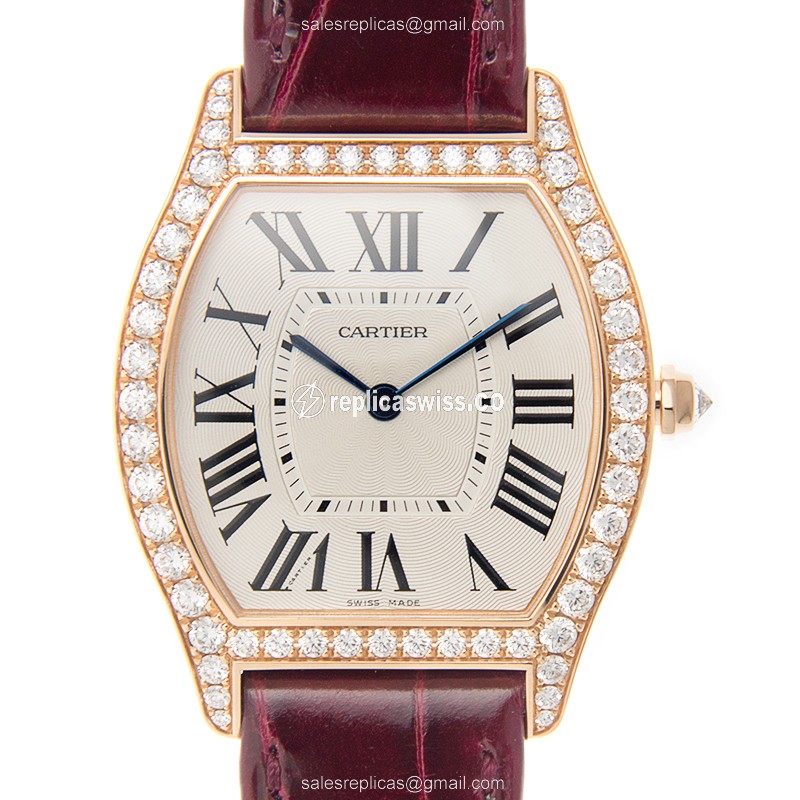 Cartier Tortue Replica - Manual Wind - 18kt Rose Gold - Diamonds - White Dial - Purple Alligator Strap