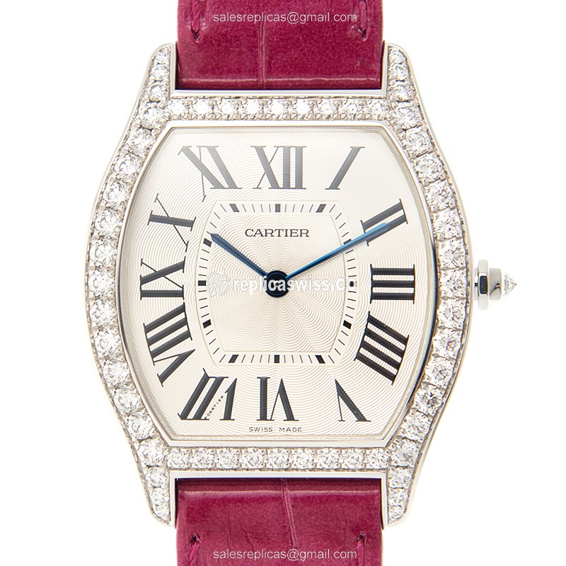 Cartier Tortue Manual Wind 18kt White Gold Diamond Silver Dial Alligator Purple Clasp