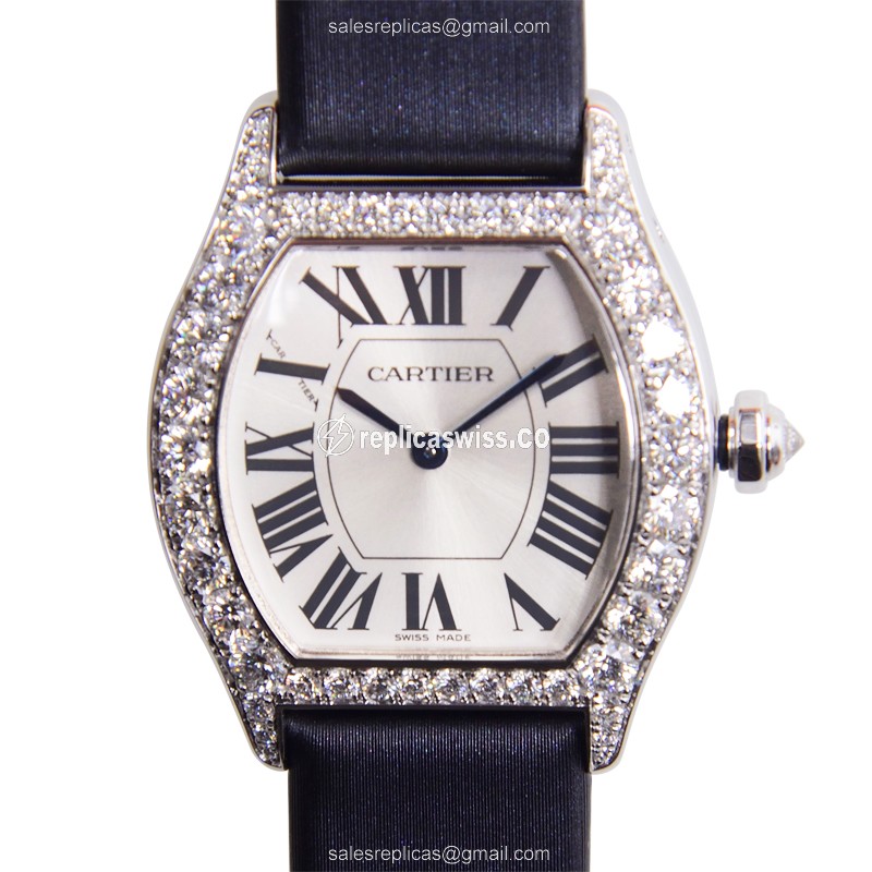 Cartier Tortue Replica - Manual - 18kt White Gold - Diamond - White Dial - Black Satin Strap - Luxury Replica TORTUE Watch