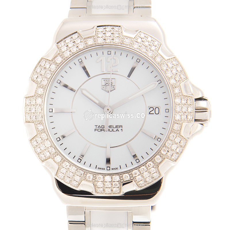 Tag Heuer F1 Quartz Watch - White Dial - Diamond Case - White Steel Strap - Luxury Replica F1 Watch