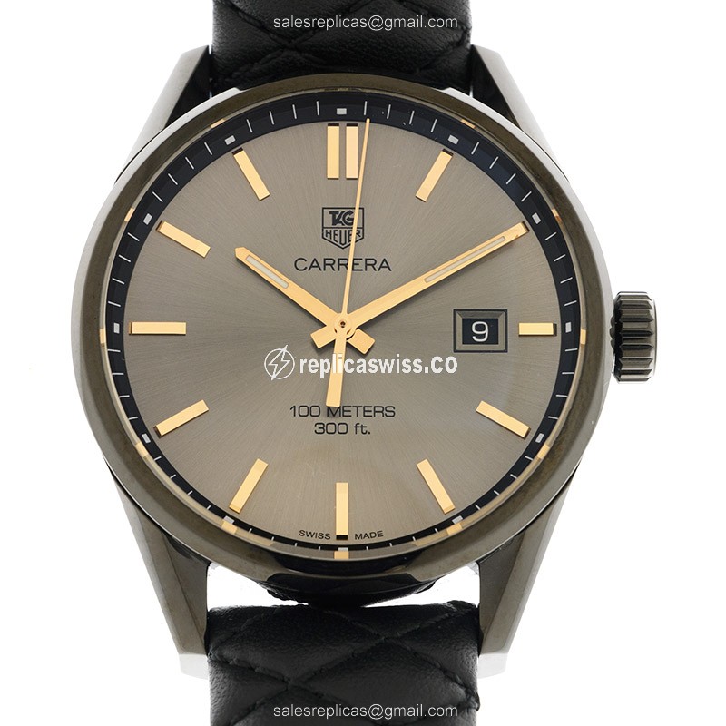 Tag Heuer CARRERA Quartz Replica - Black Dial - Steel Case - Leather Strap