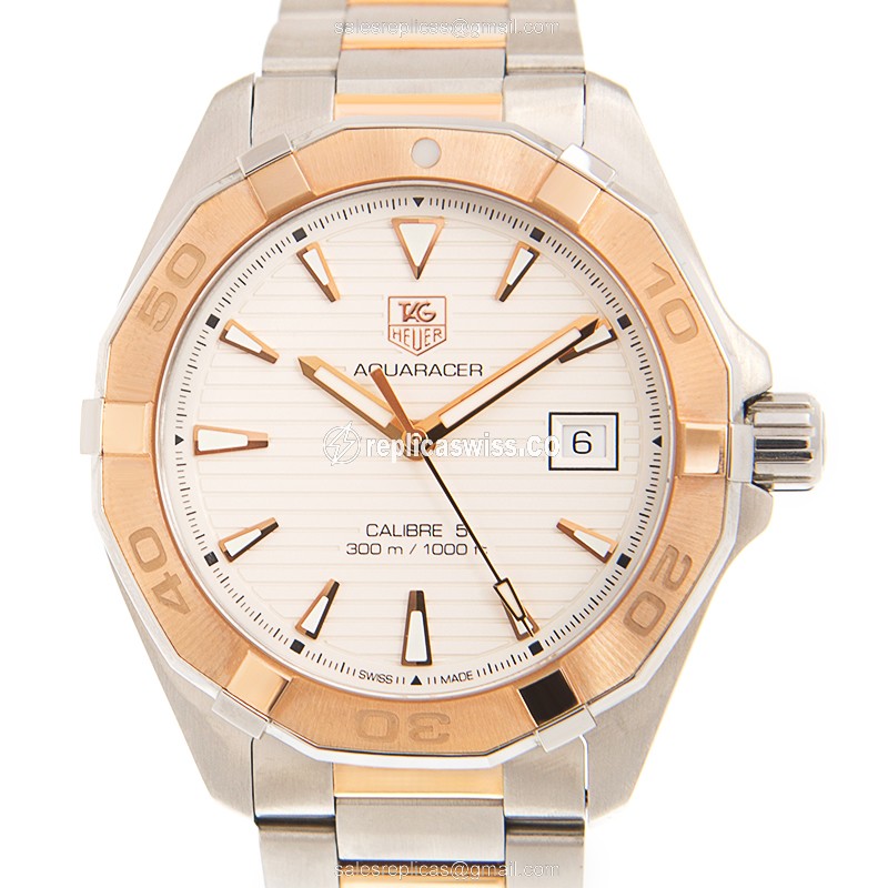 Tag Heuer Replica AQUARACER - Automatic - 18kt Rose Gold & Steel - White Dial - Gold Strap