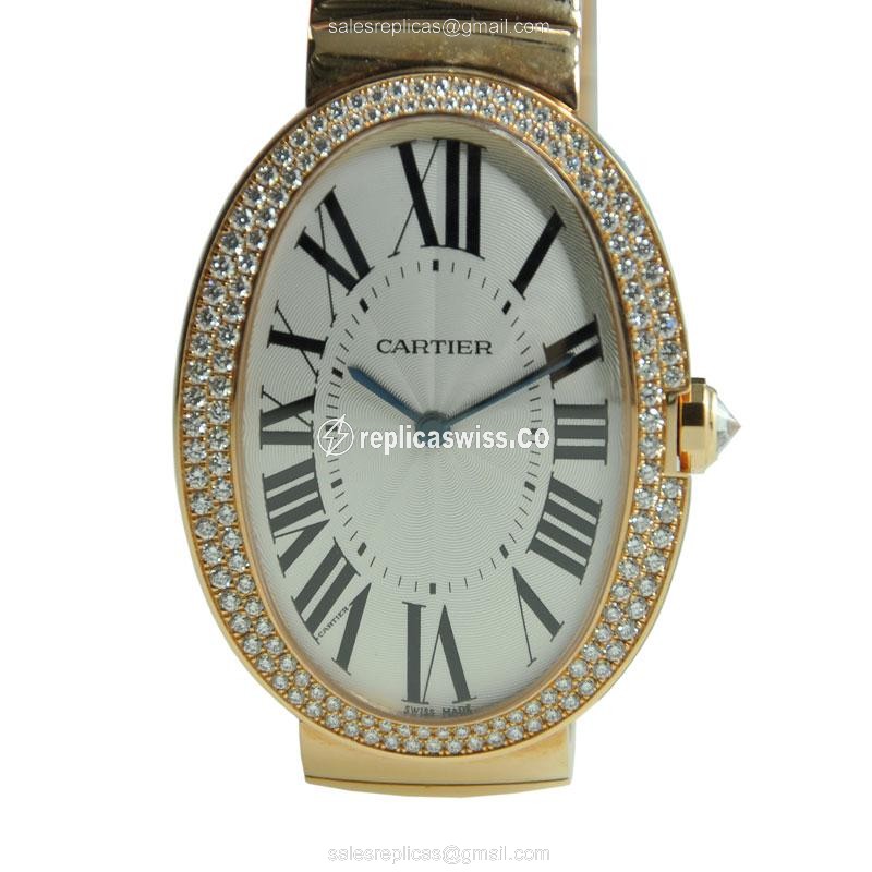 Cartier WB520003 BAIGNOIRE - Manual Wind - 18kt Rose Gold Case - Silver Dial - Gold Strap - Luxury Replica BAIGNOIRE Watch