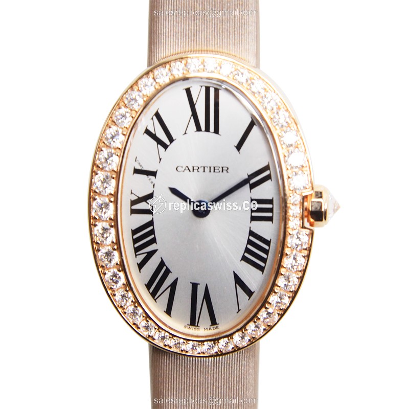 Cartier Baignoire Quartz 18kt Rose Gold & Diamonds - White Dial - Gold Satin Strap - Clasp