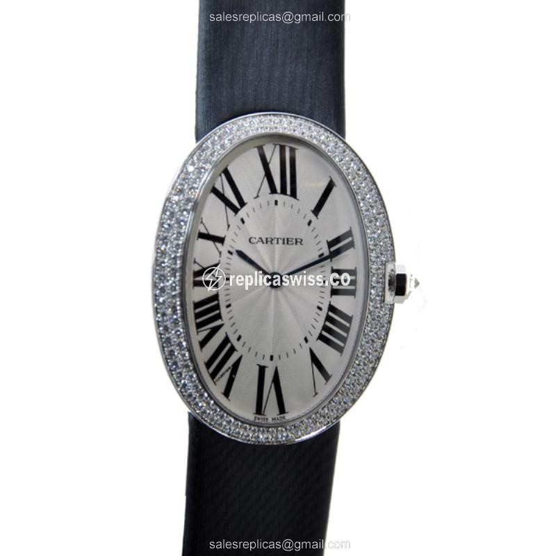 Cartier Baignoire Replica - Manual - 18kt White Gold - Diamond - White Dial - Black Leather Strap