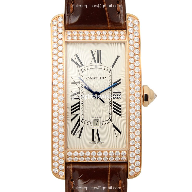 Cartier TANK WB704751 Replica - Automatic - 18kt Rose Gold - Diamond - Silver - Brown Alligator - Luxury Replica TANK Watch