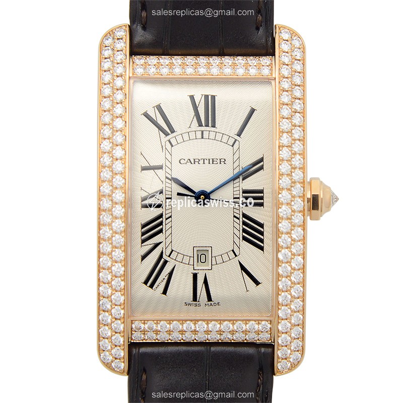 Cartier TANK Replica - 18kt Rose Gold - Diamonds - Silver Dial - Black Alligator Strap
