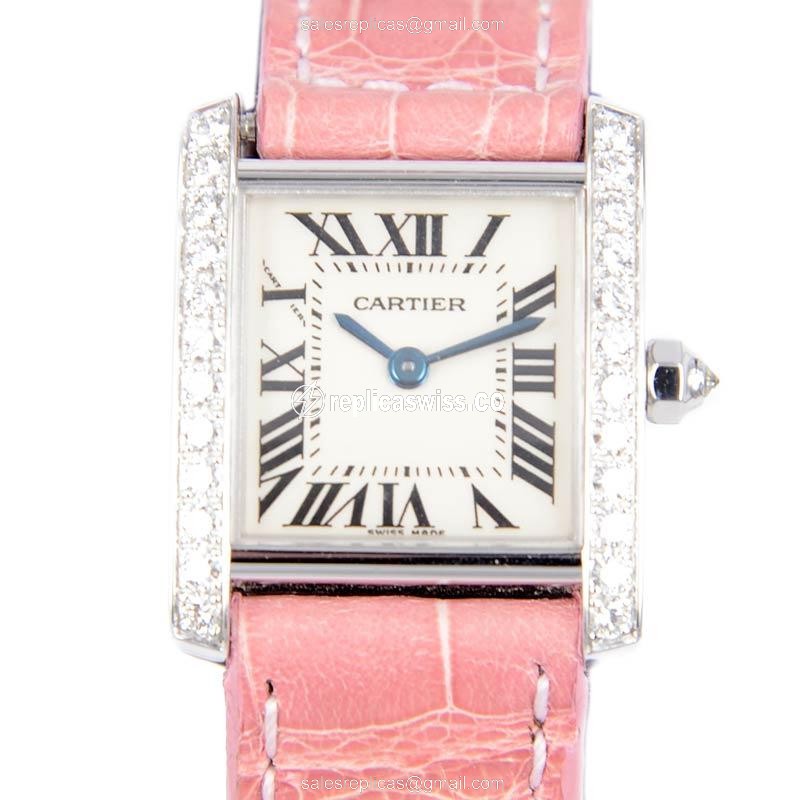 Cartier TANK Replica - Quartz - 18kt White Gold - Diamond - Pink Alligator Strap