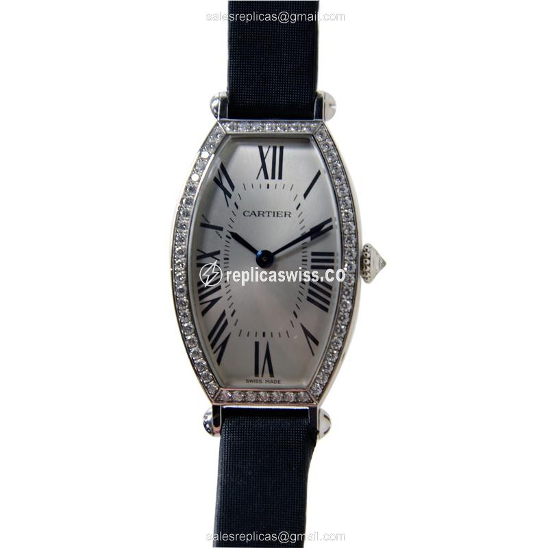 Cartier WE400131 Replica - Manual Wind - 18kt White Gold - Diamond Set - Silver Dial - Black Satin Strap - Luxury Replica TONNEAU Watch