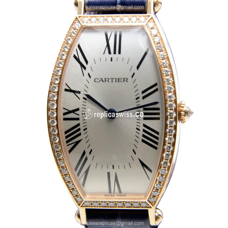 Cartier Tortue Replica - Automatic - 18kt Rose Gold - Diamond - White Dial - Blue Alligator Strap