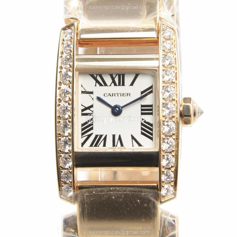 Cartier TANK Replica - Quartz - Rose Gold - White Dial - Gold Strap