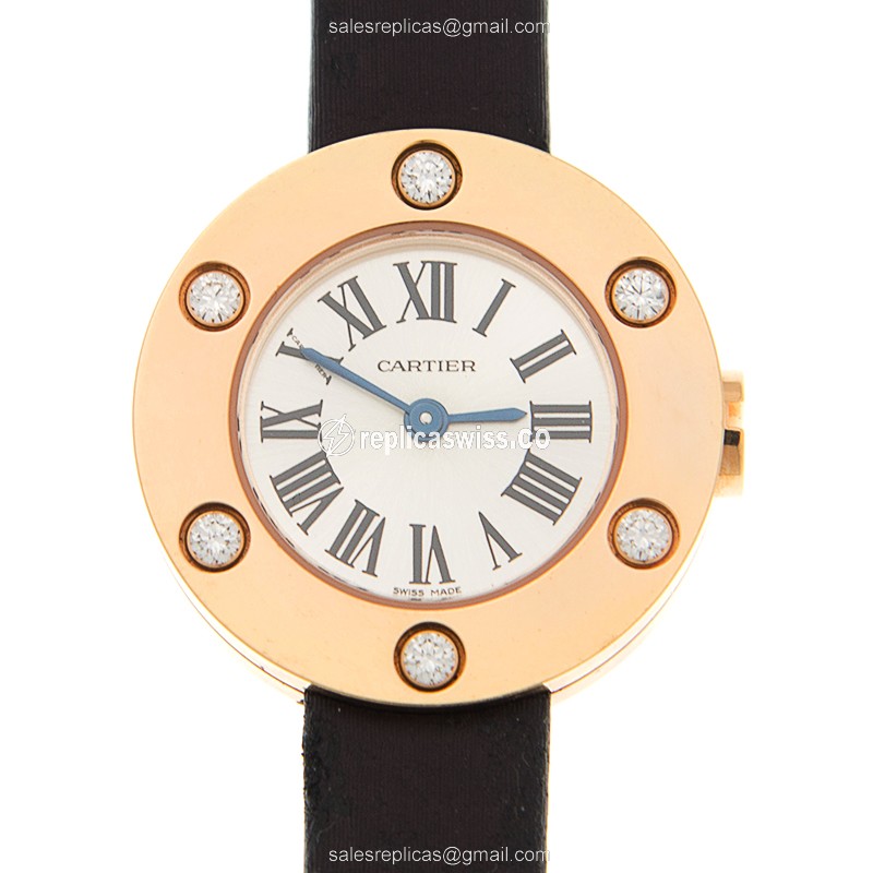 Cartier LOVE Quartz 18kt Rose Gold - Buckle Clasp - Silver Dial - Satin Black Strap - Luxury Replica LOVE Watch