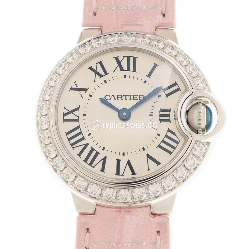 Cartier Ballon Bleu Replica - Quartz - 18kt White Gold - Diamond Set - Silver Dial - Pink Alligator Strap