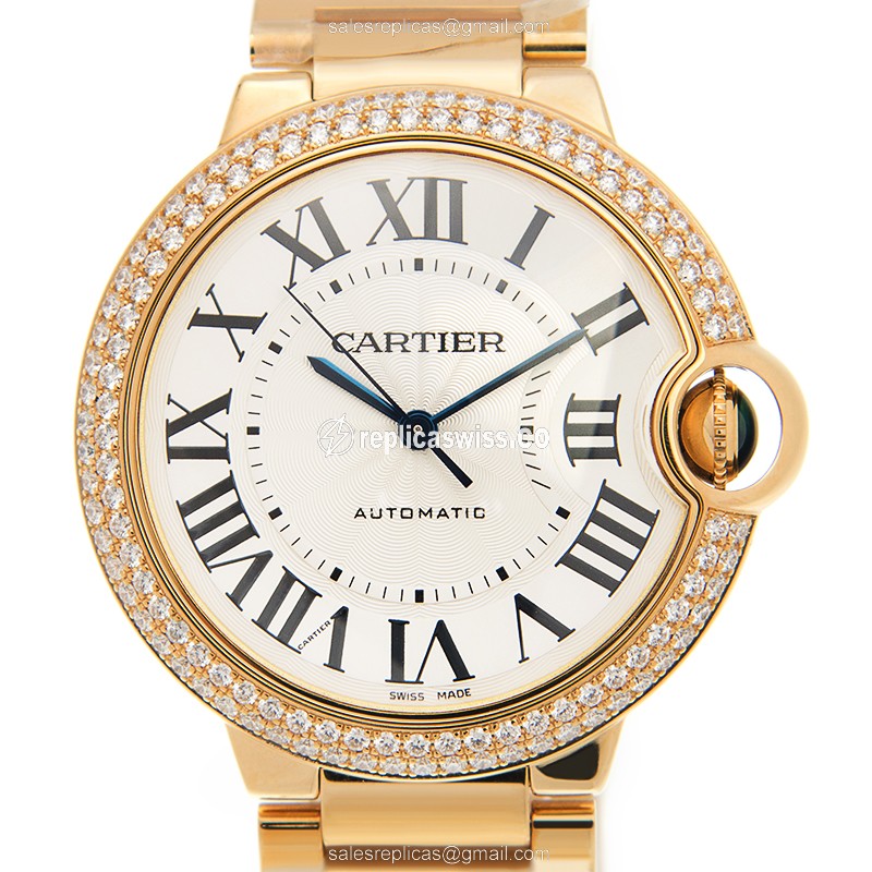 Cartier Ballon Bleu Replica - Automatic - 18kt Gold - White Dial - Diamond Bezel