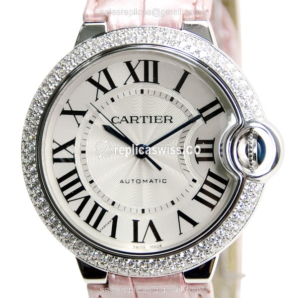 Cartier Ballon Bleu Replica - Automatic 18kt White Gold - Diamond Dial - Pink Alligator Strap