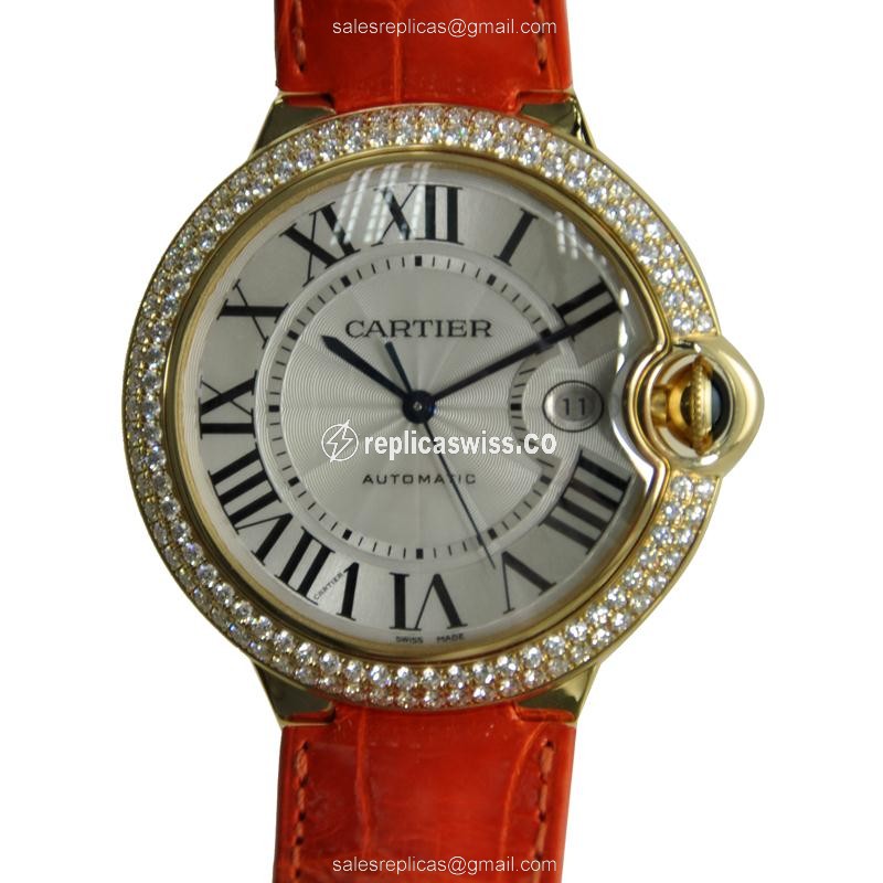 Cartier Ballon Bleu Replica - Automatic - 18kt Gold - Diamond - Silver Dial - Orange Alligator Strap