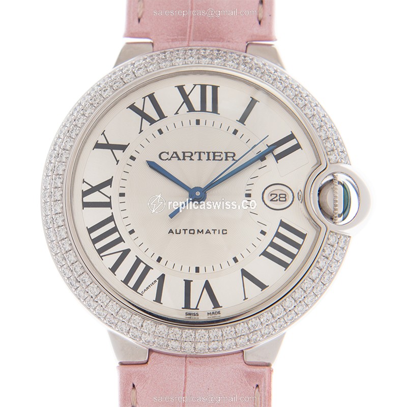 Cartier Ballon Bleu Replica - Automatic - 18kt White Gold - Diamond - White Dial - Pink Alligator Strap