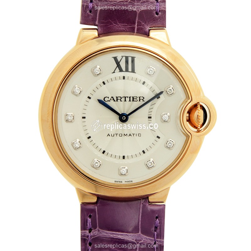 Cartier Ballon Bleu Replica - Automatic 18kt Rose Gold - Silver Dial - Alligator Purple Buckle - Luxury Replica BALLON BLEU Watch