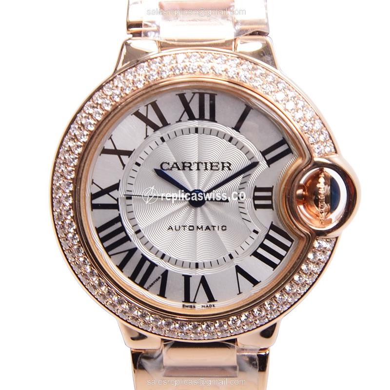 Cartier Ballon Bleu Replica - Automatic 18kt Rose Gold & Diamonds - White Dial - Gold Strap