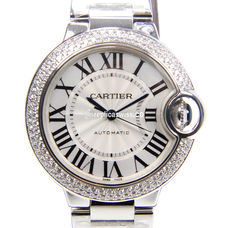 Cartier Ballon Bleu Replica - Automatic - 18kt White Gold - Diamond - White Dial - Silver Clasp