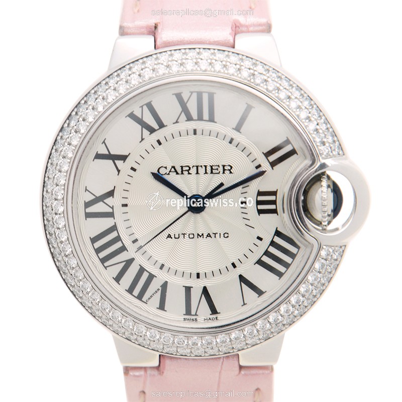 Cartier Ballon Bleu Replica - Automatic - 18kt White Gold - Diamond - White Dial - Pink Alligator Strap