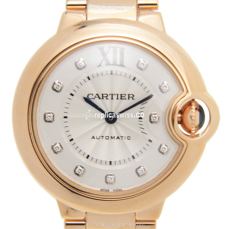 Cartier Ballon Bleu Replica - Automatic - 18kt Rose Gold Case - Silver Dial - Gold Strap