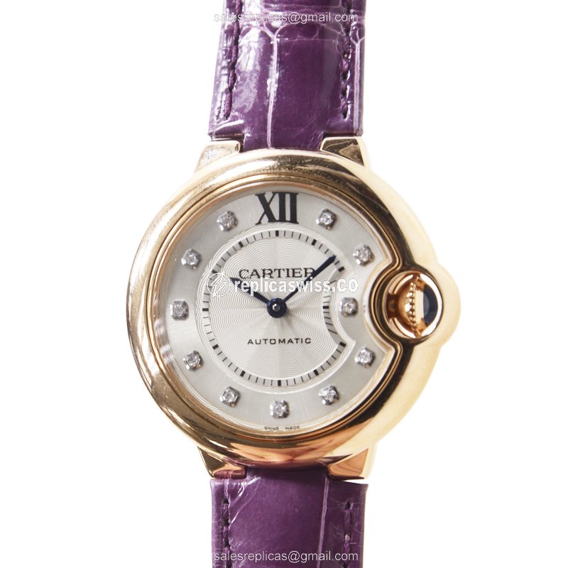Cartier Ballon Bleu Replica - Automatic - 18kt Rose Gold - Silver Dial - Alligator Purple Buckle