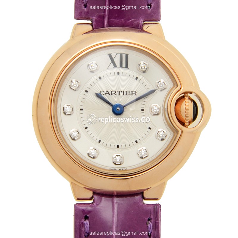 Cartier Ballon Bleu Replica - Quartz - 18kt Rose Gold Case - Silver Dial - Purple Alligator Strap