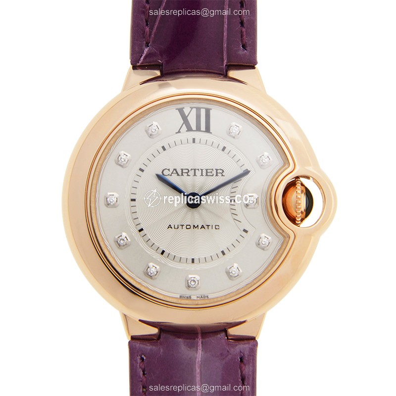 Cartier Ballon Bleu Replica - Automatic - 18kt Rose Gold - Silver Dial - Alligator Purple Strap - Luxury Replica BALLON BLEU Watch
