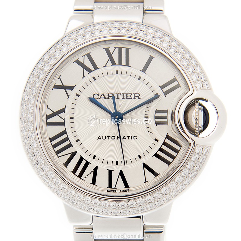 Cartier Ballon Bleu Replica - Automatic - 18kt White Gold - Diamond - Silver Dial