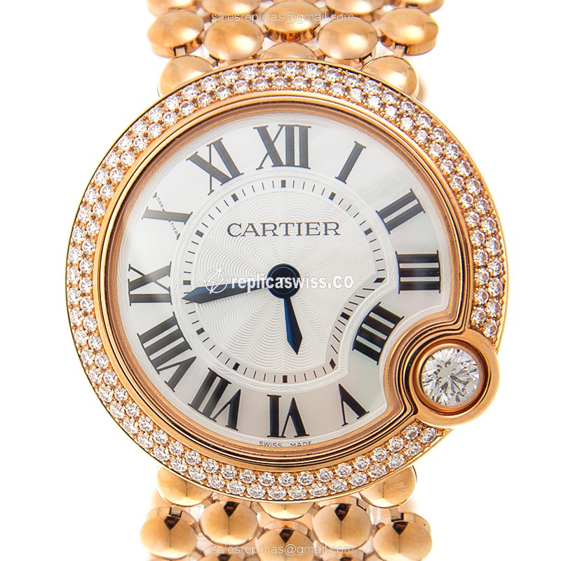 Cartier Ballon Bleu Replica - Quartz - 18kt Rose Gold Case - White Dial - Gold Strap