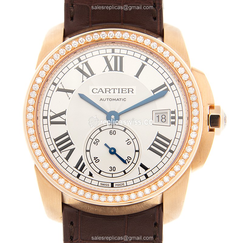 Cartier WF100013 Replica - Automatic - 18kt Rose Gold Case - Diamonds - Silver Dial - Brown Alligator Strap