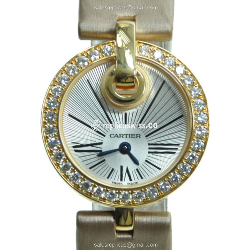 Cartier WG600006 Captive Replica - Quartz - Rose Gold Case - Diamond Dial - Silver - Beige Satin Strap - Luxury Replica CAPTIVE DE CARTIER Watch