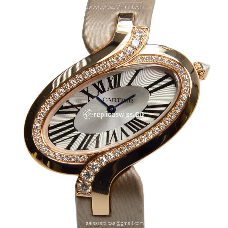 Cartier Captive De Cartier Quartz 18kt Rose Gold & Diamonds - Automatic - White Dial - Satin White Strap