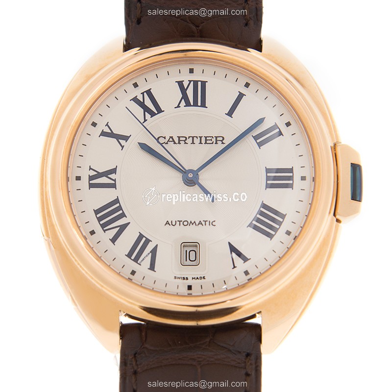Cartier WGCL0004 CLe DE CARTIER Replica - Auto - 18kt Rose Gold - White Dial - Red Alligator Strap - Luxury Replica CLe DE CARTIER Watch
