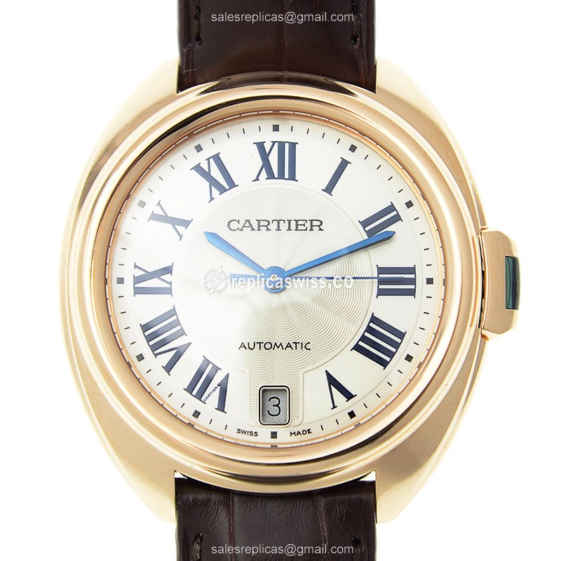 Cartier WGCL0013 CLe DE CARTIER - Automatic - 18kt Rose Gold - White Dial - Alligator Brown Strap