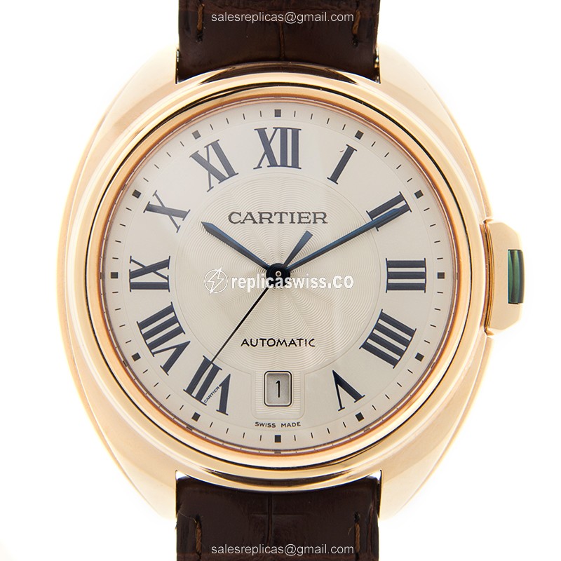 Cartier WGCL0019 CLe DE CARTIER Replica - Auto - 18kt Rose Gold - Silver Dial - Brown Alligator Strap - Luxury Replica CLe DE CARTIER Watch
