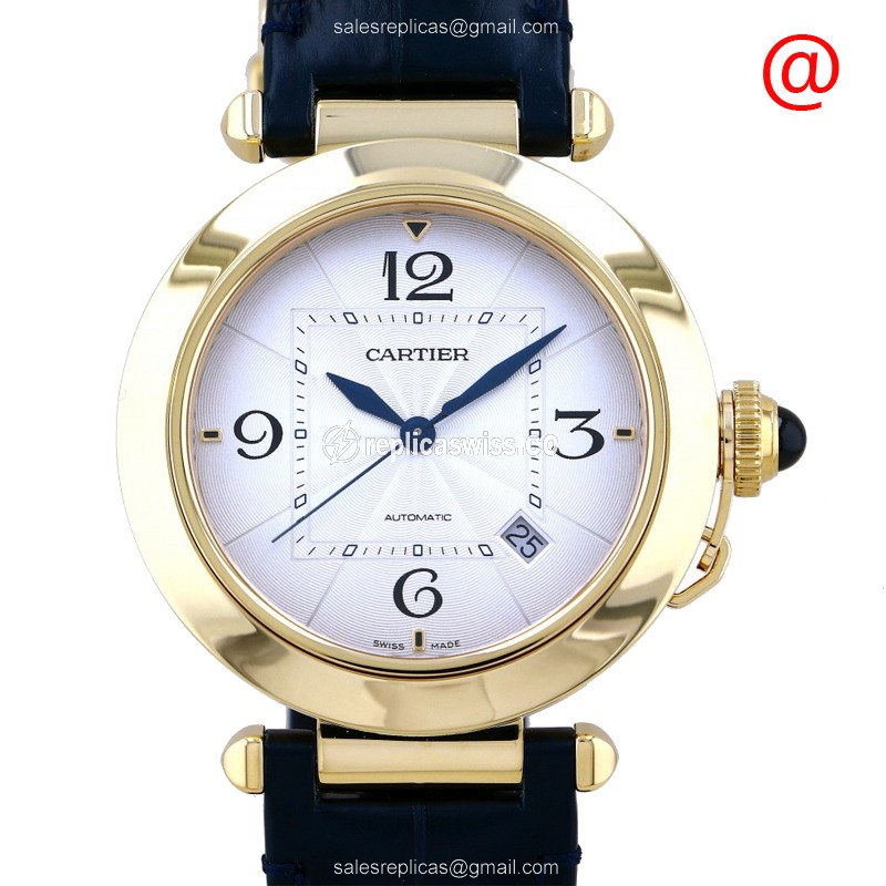 Cartier Pasha Replica - Automatic - 18kt Gold - Silver Dial - Blue Alligator Buckle - Luxury Replica PASHA DE CARTIER Watch