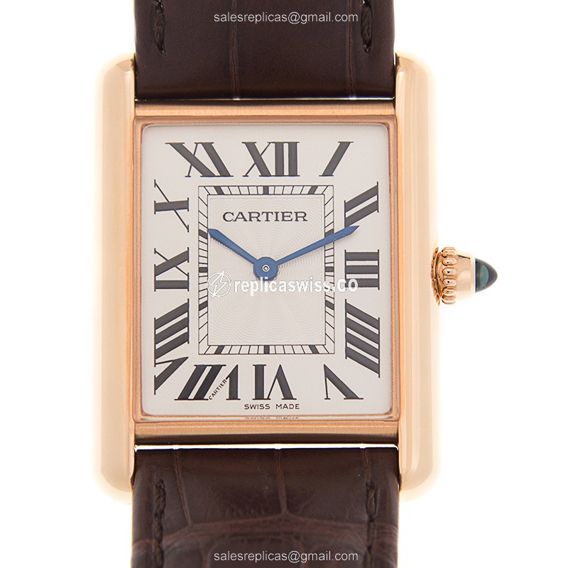 Cartier TANK Replica - Manual - 18kt Rose Gold - White Dial - Brown Alligator Buckle