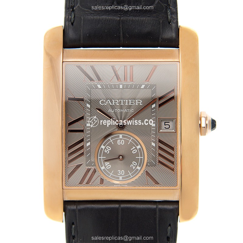 Cartier TANK Replica - Automatic - 18kt Rose Gold - Dark Grey Dial - Black Alligator Strap - Luxury Replica TANK Watch