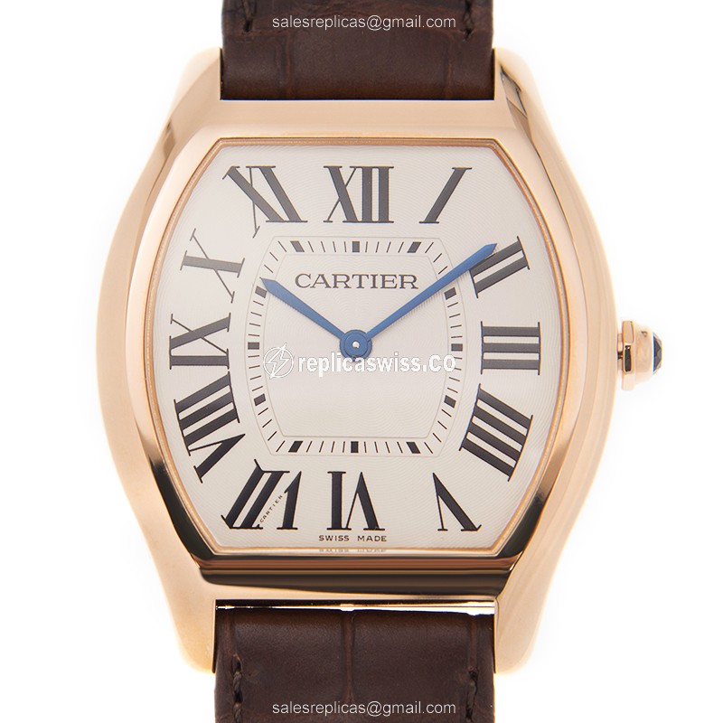 Cartier Tortue Replica - Automatic - 18kt Rose Gold - White Dial - Black Alligator Strap - Luxury Replica TORTUE Watch