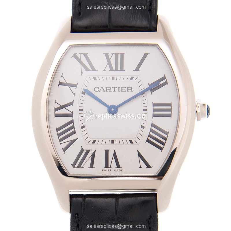 Cartier Tortue Replica - Automatic - 18kt White Gold - White Dial - Black Alligator Strap - Luxury Replica TORTUE Watch